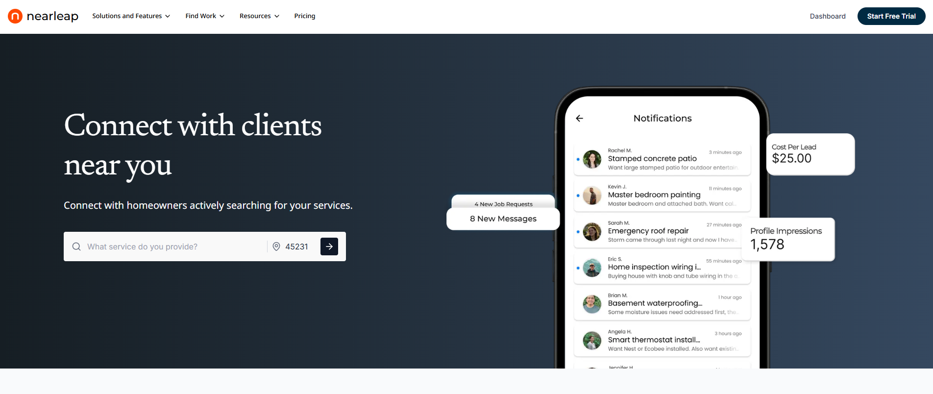 Nearleap dashboard showing lead pipeline and CRM